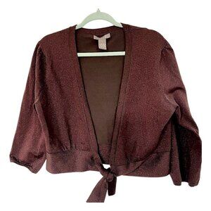Kenar Tie Front Sparkly Metallic Chic Bronze Shrug Pleated Puff Sleeves Size L